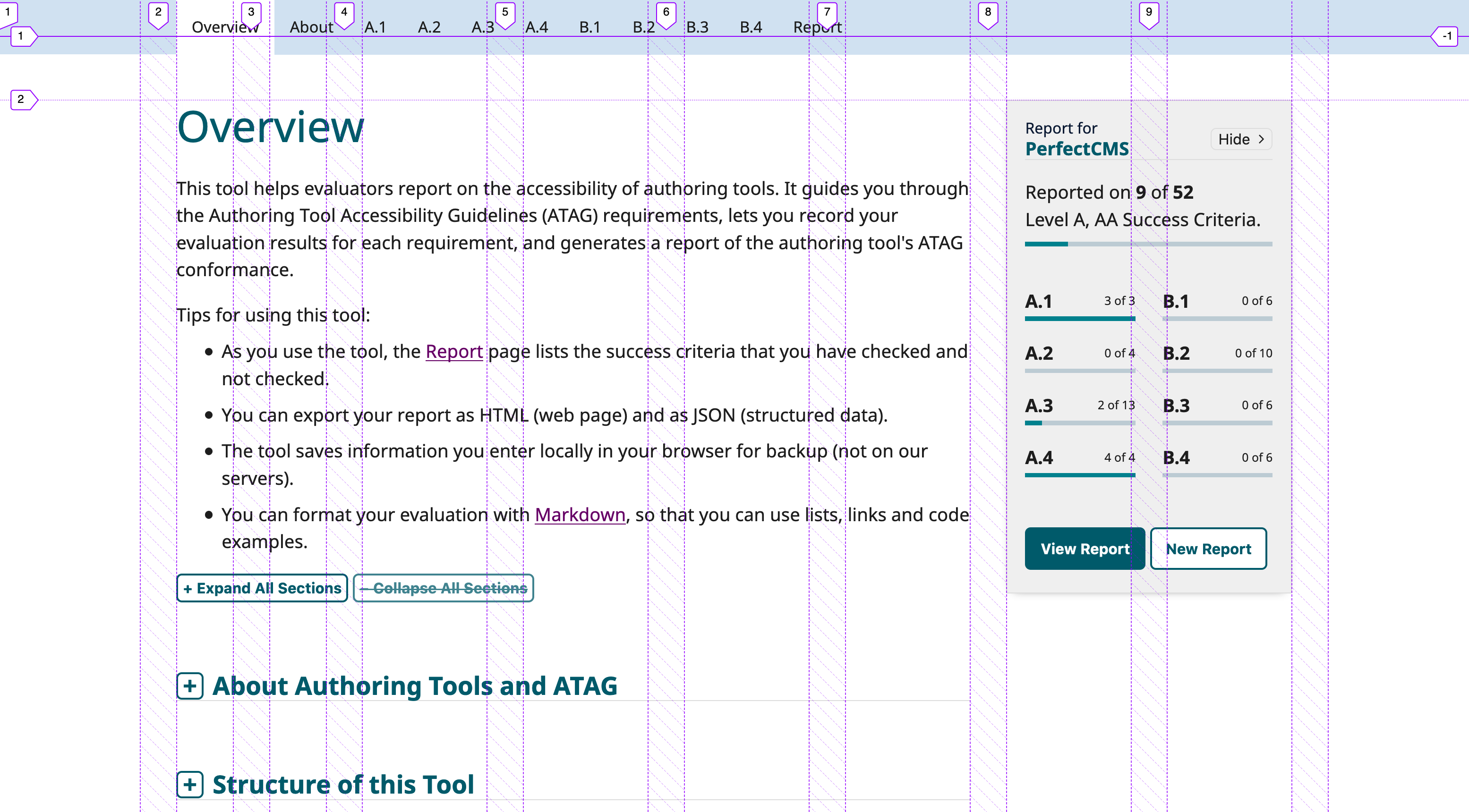 ATAG Report Tool with purple lines overlaid, they form 10 columns, slightly smaller than the one above, with the first and last using all remaining whitespace