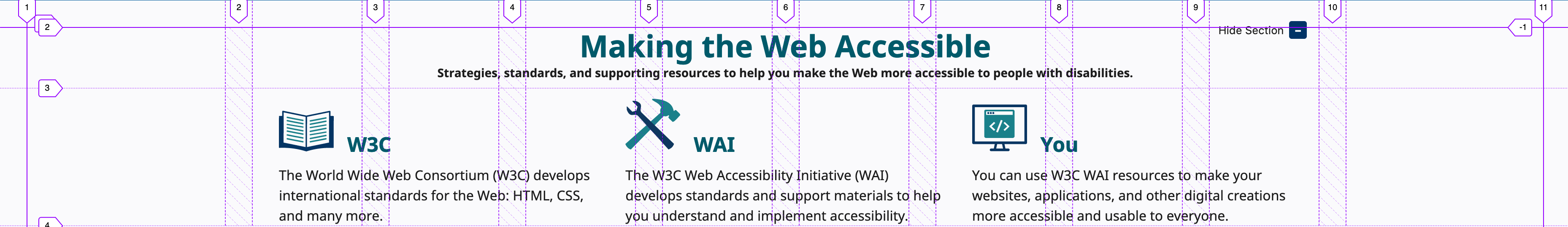 WAI homepage with purple lines overlaid, they form 10 columns with the first and last using all remaining whitespace